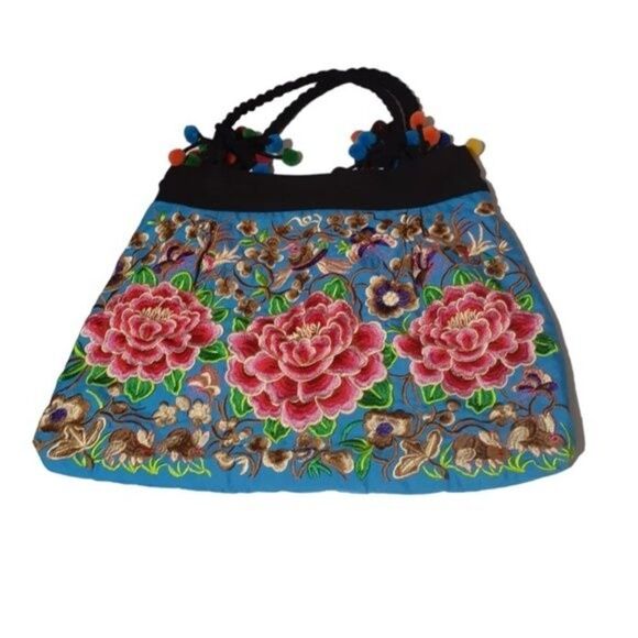 Unbranded Women's Canvas Embroidered Blue Multicolor Floral Ethnic Boho Bag Tote - Picture 4 of 7